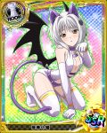  1girl animal_ears breasts card_(medium) cat_ears cat_hair_ornament cat_tail character_name chess_piece cleavage demon_wings detached_sleeves flat_chest gloves hair_ornament high_school_dxd looking_at_viewer rook_(chess) short_hair silver_hair solo tail thigh-highs toujou_koneko white_legwear wings yellow_eyes 
