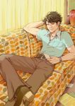  1boy 70s belt brown_hair couch crossed_legs curtains full_body haikyuu!! hand_behind_head joanna_krotka lying magazine male_focus oikawa_tooru_(haikyuu!!) oldschool on_back photo polo_shirt shade solo vase watch watch 