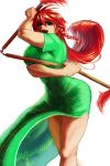  1girl adapted_costume blue_eyes braid breasts china_dress chinese_clothes dragon dragon_print hong_meiling koyubi_(littlefinger1988) large_breasts legs long_hair no_hat no_shirt open_mouth patterned_clothing redhead scar smile solo three_section_staff touhou twin_braids weapon 
