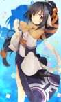  1girl animal_ears black_hair blush brown_eyes hair_ornament hairpin japanese_clothes kunai kuon_(utawareru_mono) long_hair looking_at_viewer low-tied_long_hair minari_(minari37) obi open_mouth ponytail sash solo tail utawareru_mono utawareru_mono:_itsuwari_no_kamen very_long_hair weapon yellow_eyes 