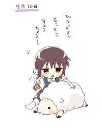  1girl :d animal blue_dress blush_stickers brown_eyes brown_hair child collared_shirt commentary_request dress full_body funami_mari hair_ornament highres holding holding_scissors namori open_mouth pinafore_dress scissors sheep shirt short_hair short_sleeves simple_background sitting sleeveless sleeveless_dress smile socks solo translation_request white_background white_shirt white_socks yuru_yuri 