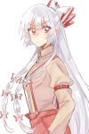  1girl bow from_side frown fujiwara_no_mokou hair_bow highres long_hair looking_at_viewer pants red_eyes silver_hair six_(fnrptal1010) small_breasts solo suspenders touhou tsurime very_long_hair 