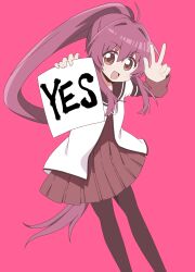  1girl absurdres black_pantyhose blush brown_eyes highres long_hair looking_at_viewer nanamori_school_uniform okaasan_(okaasandx) open_mouth pantyhose pink_background ponytail purple_hair school_uniform simple_background smile solo sugiura_ayano w yuru_yuri 