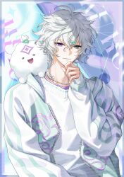  1boy absurdres antenna_hair artist_name border braid chain chain_necklace character_name closed_mouth cloud_earrings crossed_bangs earrings green_eyes green_jacket hair_between_eyes hair_ornament hairclip hand_on_own_chin hand_up hashtag-only_commentary heterochromia highres jacket jewelry long_sleeves looking_at_viewer male_focus muksal multicolored_jacket murakumo_kagetsu necklace nijisanji open_clothes open_jacket outside_border print_jacket puffy_long_sleeves puffy_sleeves purple_shirt shirt short_hair side_braid single_braid single_earring sleeves_past_wrists smile solo sweater twitter_username upper_body violet_eyes virtual_youtuber watakumo_(murakumo_kagetsu) white_hair white_jacket white_sweater zipper 