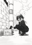  1girl box cardboard_box cat monochrome original pantyhose pleated_skirt profile scarf shoes short_hair skirt solo squatting telephone_pole translated yo_(miraizin) 