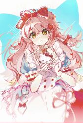  1girl absurdres animal_ears apron arknights blurry bow braid character_doll chinese_commentary commentary_request dress frilled_bow frills gloves goldenglow_(arknights) goldenglow_(party_in_the_garden)_(arknights) hair_bow hair_ornament heart heart_hair_ornament hello_kitty hello_kitty_(character) highres holding holding_stuffed_toy lolita_fashion long_hair looking_at_viewer official_alternate_costume pink_hair puffy_short_sleeves puffy_sleeves red_bow sanrio shenmegui52816 short_sleeves smile solo stuffed_animal stuffed_cat stuffed_toy sweet_lolita white_apron white_gloves yellow_eyes 