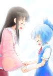  2girls ^_^ black_hair blue_hair blush cirno closed_eyes dress gradient gradient_background hair_ribbon holding_hands houraisan_kaguya ice ice_wings long_hair long_sleeves morioka_itari multiple_girls open_mouth profile puffy_sleeves ribbon round_teeth shirt short_hair short_sleeves skirt smile teeth touhou wide_sleeves wings 