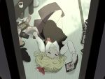  1girl blonde_hair blush book book_stack cat chips coffee food full_body hair_ornament hair_ribbon long_sleeves looking_at_viewer lying mouth_hold on_back on_floor open_book oshouyu_tabetai red_eyes ribbon rumia shirt skirt skirt_set solo table touhou upside-down vest 