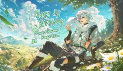  1boy :d absurdres antenna_hair arm_support armor bandaged_leg bandages bead_necklace beads black_shirt blue_sky braid character_name clouds cloudy_sky commentary_request crossed_bangs cumulonimbus_cloud dated day earrings falling_leaves falling_petals fence flower fur_scarf fur_trim grass green_eyes grey_pants hair_between_eyes hakama hakama_pants hanafuda_earrings hand_up happy_birthday heterochromia highres hip_vent japanese_armor japanese_clothes jewelry kariginu kote kurokote leaf looking_at_viewer male_focus mountainous_horizon muksal murakumo_kagetsu murakumo_kagetsu_(1st_costume) necklace nijisanji on_grass open_mouth outdoors pants path pelvic_curtain petals shirt short_hair shuriken side_braid single_braid sitting sky smile solo tassel teeth tree upper_teeth_only violet_eyes virtual_youtuber watakumo_(murakumo_kagetsu) weapon white_flower white_hair wide_sleeves wooden_fence 