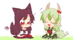  +++ 2girls :3 :d animal_ears bare_shoulders blush bow breasts brooch brown_hair chibi collarbone dress ex-keine fang furry grass green_hair horn_bow horn_ribbon horns imaizumi_kagerou jewelry kamishirasawa_keine multiple_girls musical_note open_mouth red_eyes ribbon scribble six_(fnrptal1010) smile tail touhou u_u wolf_ears wolf_tail 