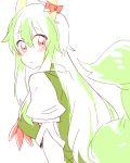  1girl blush bow breasts dress ex-keine from_behind frown green_hair horn_bow horns kamishirasawa_keine long_hair looking_at_viewer red_eyes six_(fnrptal1010) solo surprised tail touhou very_long_hair wide-eyed 