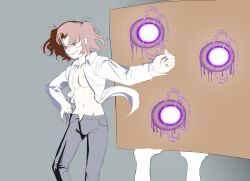  1girl absurdres black_pants breasts brown_hair collared_shirt cosplay evil_grin evil_smile floating_clothes floating_hair grin hand_on_own_hip highres large_breasts melty_blood michael_roa_valdamjong michael_roa_valdamjong_(cosplay) no_bra open_clothes open_fly open_shirt pants red_eyes satsukidaily shirt sleeve_cuffs smile tsukihime twintails vampire white_shirt yumizuka_satsuki 