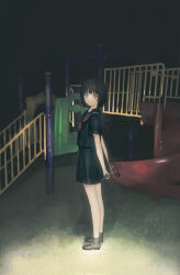  1girl absurdres black_hair bob_cut dark hammer highres holding holding_hammer looking_at_viewer neckerchief night osanai_yuki outdoors playground red_eyes red_neckerchief sailor_collar school_uniform serafuku short_hair shoushimin_series skirt smile solo yuishironeko 