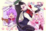  1boy 2girls ;) aroma_(go!_princess_precure) black_hair blue_eyes book breasts cat_tail chiyo_(rotsurechiriha) gloves go!_princess_precure lips long_hair looking_at_viewer miss_siamour multiple_girls one_eye_closed open_mouth pink_hair pointy_ears precure puff_(go!_princess_precure) purple_hair short_hair smile tail tiara twintails very_long_hair violet_eyes white_gloves 