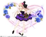  1girl bare_arms bare_shoulders blonde_hair blue_gloves blue_rose collarbone dress flower fukahire_sanba gloves hair_flower hair_ornament hair_ribbon heart high_heels jewelry kai-ri-sei_million_arthur long_hair looking_at_viewer necklace official_art original pendant pink_eyes pumps purple_dress ribbon rose smile solo strapless_dress sword tongue tongue_out transparent_background very_long_hair weapon 