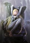  1girl barefoot blonde_hair bodysuit claymore highres long_hair miria nephy one_eye_closed restrained solo yellow_eyes 