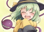  1girl :d ^_^ blush closed_eyes dairi green_hair happy hat heart komeiji_koishi laughing open_mouth short_hair simple_background sleeves_past_wrists smile solo tears third_eye touhou yellow_background 
