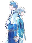  2boys back-to-back bodice bracelet cloak closed_eyes earrings feathers fingerless_gloves gloves height_difference holding_hands jewelry male_focus mikleo_(tales) multiple_boys pants smile sorey_(tales) tales_of_(series) tales_of_zestiria 