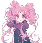  1girl bishoujo_senshi_sailor_moon black_dress black_lady chibi_usa child crescent dress expressionless facial_mark forehead_mark highres inhye long_hair pink_eyes pink_hair solo twintails white_background younger 
