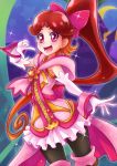  1girl :d black_legwear bow brooch brown_hair chocokin cowboy_shot elbow_gloves gloves go!_princess_precure hair_bow highres jewelry long_hair open_mouth pantyhose pink_bow pink_eyes ponytail precure refi_(go!_princess_precure) skirt smile solo thigh-highs white_gloves wrist_cuffs 