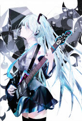 1girl 2em34 aqua_eyes aqua_hair bare_shoulders black_skirt blue_eyes blue_hair blue_necktie collared_shirt crescent_moon detached_sleeves grey_shirt guitar hair_ornament hatsune_miku heart highres instrument long_hair looking_up moon mouth_hold music necktie playing_instrument pleated_skirt plectrum plectrum_in_mouth rolling_girl_(vocaloid) shirt shoulder_tattoo skirt solo tattoo thigh-highs twintails unknown_mother_goose_(vocaloid) very_long_hair vocaloid white_background zettai_ryouiki 