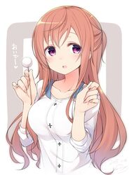  1girl :d blush collarbone cotton_swab gochuumon_wa_usagi_desu_ka? half_updo holding hoto_mocha long_hair mimikaki nail_polish nekoume open_mouth orange_hair pink_eyes pink_nails shirt simple_background sleeves_pushed_up smile solo translated white_shirt 