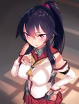  1girl bare_shoulders black_hair blew_andwhite blush breasts cosplay detached_sleeves highres kantai_collection large_breasts long_hair ponytail red_eyes skirt solo yahagi_(kantai_collection) yamato_(kantai_collection)_(cosplay) 