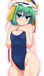  1girl blue_eyes body_blush collarbone commentary_request competition_school_swimsuit competition_swimsuit green_hair hat hat_ribbon hayashi_custom highres looking_at_viewer lovestruck one-piece_swimsuit playing_with_own_hair ribbon shikieiki_yamaxanadu smile solo swimsuit touhou 