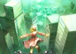 1girl blonde_hair city cityscape dress from_above from_behind hat highres long_sleeves maribel_hearn mob_cap nazoko outstretched_arms purple_dress short_hair solo sunlight touhou 