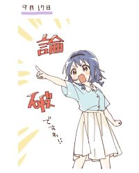  1girl black_hairband blue_hair blue_shirt blush_stickers braid brown_eyes buttons collared_shirt commentary_request contrast_collar cropped_legs furutani_himawari hairband highres namori open_mouth outstretched_arm pleated_skirt pointing shirt short_hair short_sleeves simple_background skirt solo translation_request twin_braids v-shaped_eyebrows white_background white_skirt yuru_yuri 
