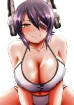  1girl :3 bent_over bikini blush breasts checkered cleavage eyepatch fang_out hair_between_eyes headgear highres kanno_takanori kantai_collection large_breasts purple_hair red_eyes short_hair simple_background smile solo swimsuit tenryuu_(kantai_collection) upper_body white_background white_bikini white_swimsuit 