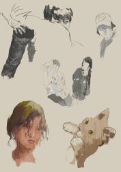 2boys 2girls baseball_cap cat dakimakura_(object) hat head_only highres long_hair medium_hair multiple_boys multiple_girls original painting_(medium) partially_shaded_face pillow slow_d traditional_media 