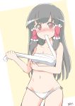  1girl blush brown_eyes full-face_blush grey_hair hair_ornament hair_tubes hakurei_reimu highres long_hair looking_at_viewer mouth_hold navel panties sarashi signature solo sweatdrop touhou underwear white_panties yellow_background yutamaro 