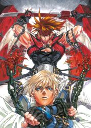  2boys abs arm_belt belt belt_buckle black_shirt blonde_hair blue_eyes brown_hair buckle chain cloak door fingerless_gloves gloves guilty_gear guilty_gear_x headband headgear holding holding_sword holding_weapon ishiwatari_daisuke jacket ky_kiske multiple_boys muscular muscular_male pants red_headband red_jacket red_vest shirt sol_badguy spiky_hair sword vest weapon white_cloak white_pants wings yellow_eyes 