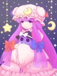  1girl bird blue_bow blue_ribbon bow crescent crescent_hair_ornament crescent_moon dora_e frilled_sleeves frills hair_ornament hat long_hair mob_cap moon pajamas patchouli_knowledge penguin purple_hair red_bow red_ribbon ribbon smile solo star touhou very_long_hair violet_eyes witch_hat 