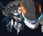 1girl bare_shoulders black_hair black_nails breasts cleavage commentary_request crown dress elbow_gloves gloves hand_on_hip high_heels kantai_collection long_hair monster_girl nail_polish orange_eyes orca original personification saliva see-through shinkaisei-kan size_difference skirt smirk tail teeth tongue torichamaru transparent 