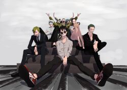  1girl 6+boys ^_^ absurdres antlers arm_up arms_up black_hair black_pants blonde_hair closed_eyes crossed_arms curly_eyebrows enaka67 green_hair hair_over_one_eye hashtag-only_commentary highres horns looking_at_viewer looking_to_the_side monkey_d._luffy multiple_boys nico_robin one_piece pants penguin_(one_piece) reindeer_antlers roronoa_zoro sanji_(one_piece) scar scar_across_eye scar_on_face shachi_(one_piece) shirt shoes shorts sitting smile sneakers trafalgar_law usopp white_shirt 