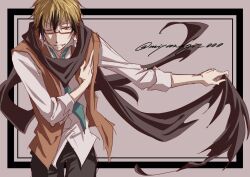  1boy black_hair black_pants black_scarf blonde_hair fang highres holding_scarf lawless_(servamp) male_focus miyanagi_000 necktie one_eye_closed pants red-framed_eyewear red_eyes scarf servamp short_hair vampire 