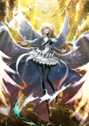  152_in_can 1girl absurdres angel_wings black_pantyhose blonde_hair bracelet breasts bridal_gauntlets dress fate/grand_order fate_(series) feathered_wings full_body headpiece highres jeanne_d'arc_(fate) jewelry juliet_sleeves long_hair long_sleeves looking_at_viewer medium_breasts metatron_jeanne_(fate) metatron_jeanne_(third_ascension)_(fate) multiple_wings pantyhose puffy_sleeves solo very_long_hair white_dress wings yellow_eyes 