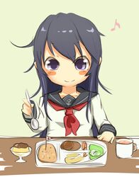  1girl akatsuki_(kantai_collection) anchor_symbol blush_stickers cup flag food itokayu kantai_collection long_hair musical_note neckerchief no_hat okosama_lunch pudding purple_hair school_uniform serafuku shrimp shrimp_tempura smile solo spoon tempura tray violet_eyes 