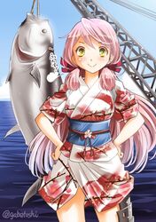  1girl :&gt; akashi_(kantai_collection) animal blush fish green_eyes hair_ribbon hands_on_hips japanese_clothes kantai_collection kimono long_hair looking_at_viewer ocean pink_hair ribbon sash short_kimono smile sogabe_toshinori solo tress_ribbon tuna twintails 