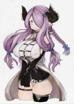  1girl bare_shoulders black_gloves blue_eyes blush breasts demon_horns elbow_gloves gloves granblue_fantasy hair_ornament hair_over_one_eye highres horns kei_(soundcross) large_breasts lavender_hair long_hair looking_at_viewer narumeia_(granblue_fantasy) pointy_ears simple_background single_thighhigh skindentation smile solo thigh-highs v_arms white_background 