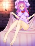  1girl barefoot blanket blush breasts candle commentary_request hair_ribbon hat highres large_breasts leotard long_hair mob_cap patchouli_knowledge pink_eyes pink_hair ribbon sitting solo touhou tress_ribbon very_long_hair wavy_mouth zuttokodomo 