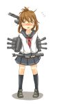  1girl blush brown_eyes brown_hair commentary_request flying_sweatdrops folded_ponytail inazuma_(kantai_collection) itokayu kantai_collection kneehighs looking_at_viewer neckerchief open_mouth school_uniform serafuku skirt solo torpedo turret white_background 