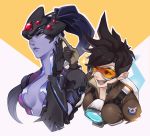  2girls amelie_lacroix annoyed brown_hair frown goggles lena_oxton long_hair multiple_girls overwatch pmolita ponytail purple_skin short_hair smile spiky_hair tracer_(overwatch) visor widowmaker_(overwatch) yellow_eyes 