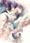  1boy 1girl dress feathers hat jojo_no_kimyou_na_bouken sherry_polnareff silver_chariot_requiem stand_(jojo) traditional_media ura_(mukimeineko) watercolor_(medium) wings 