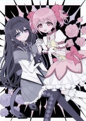  2girls akemi_homura argyle_clothes argyle_footwear back_bow black_background black_boots black_capelet black_hair black_hairband boots border bow bow_choker bowtie bubble_skirt buttons capelet center_frills chest_jewel choker closed_mouth collarbone collared_capelet dress dress_bow feet_out_of_frame flower frilled_dress frilled_skirt frilled_sleeves frilled_socks frills gem gloves grey_capelet grey_skirt hair_bow hairband halftone happy highres holding_hands interlocked_fingers kaname_madoka kneehighs light_blush long_hair looking_at_viewer magical_girl mahou_shoujo_madoka_magica mahou_shoujo_madoka_magica_(anime) miniskirt multiple_girls open_mouth outside_border pink_bow pink_dress pink_eyes pink_flower pink_gemstone pink_hair pink_rose pleated_skirt puffy_short_sleeves puffy_sleeves purple_bow purple_bowtie purple_flower purple_rose red_bow red_choker rose short_dress short_hair short_sleeves short_twintails sidelocks skirt skirt_under_dress smile socks tareme thigh_boots twintails two-tone_capelet very_long_hair violet_eyes white_border white_dress white_gloves white_skirt white_sleeves white_socks yakitori_egg 