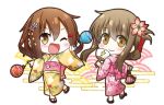  2girls chibi closed_eyes fan fang hair_ornament hairclip ikazuchi_(kantai_collection) inazuma_(kantai_collection) japanese_clothes kadose_ara kantai_collection lightning_bolt lowres multiple_girls 