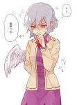  1girl bow check_translation coat covering_mouth dress hand_over_own_mouth kishin_sagume red_eyes short_hair silver_hair single_wing six_(fnrptal1010) solo thinking touhou translation_request trembling wings 