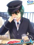  1boy angel_beats! eating glass green_hair hat male_focus mapo_doufu naoi_ayato school_uniform short_hair sion_(laterna_magica) spoon yellow_eyes 